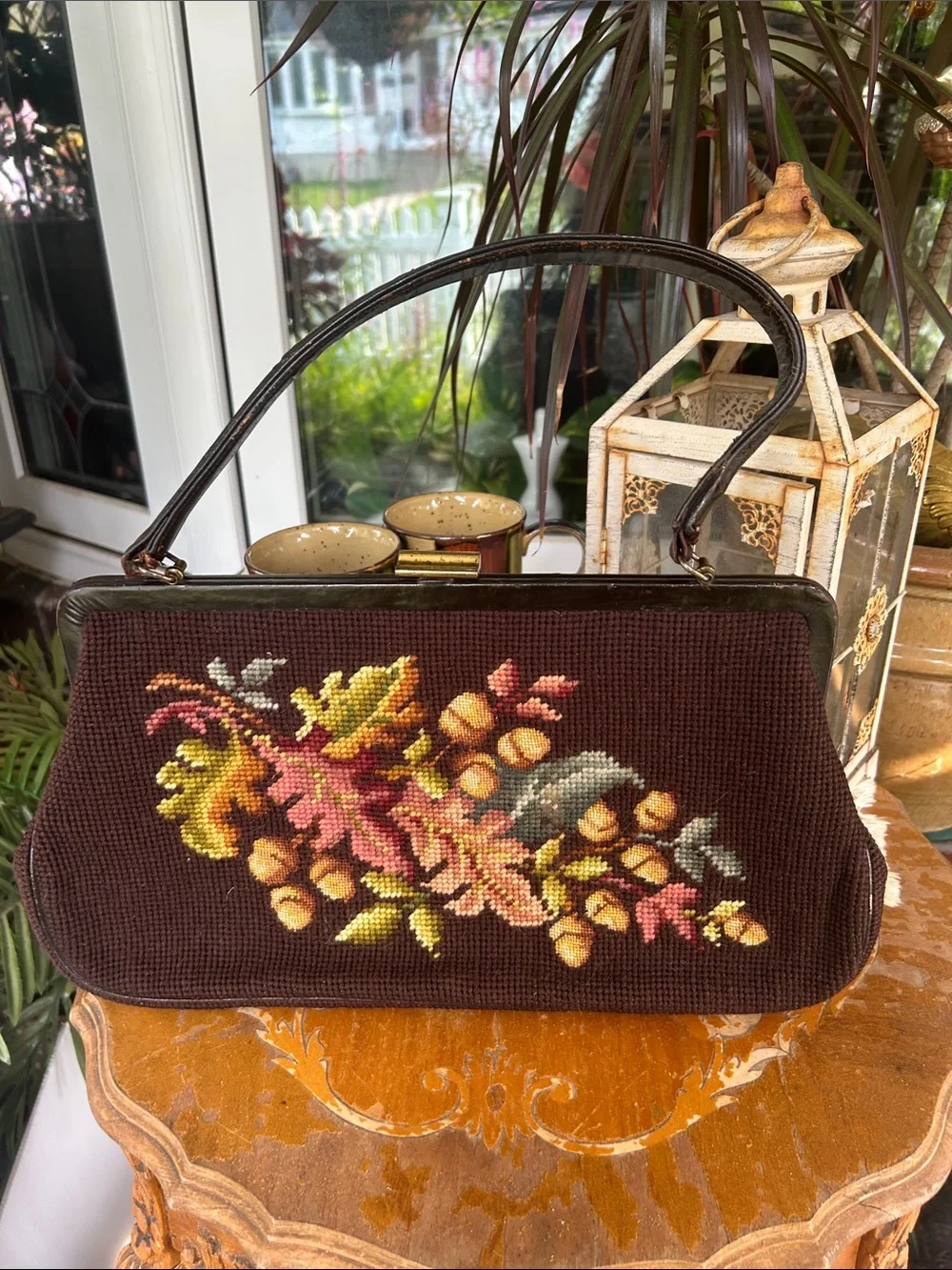 Vintage Brown Floral Leaf & Acorn Needlepoint Handbag